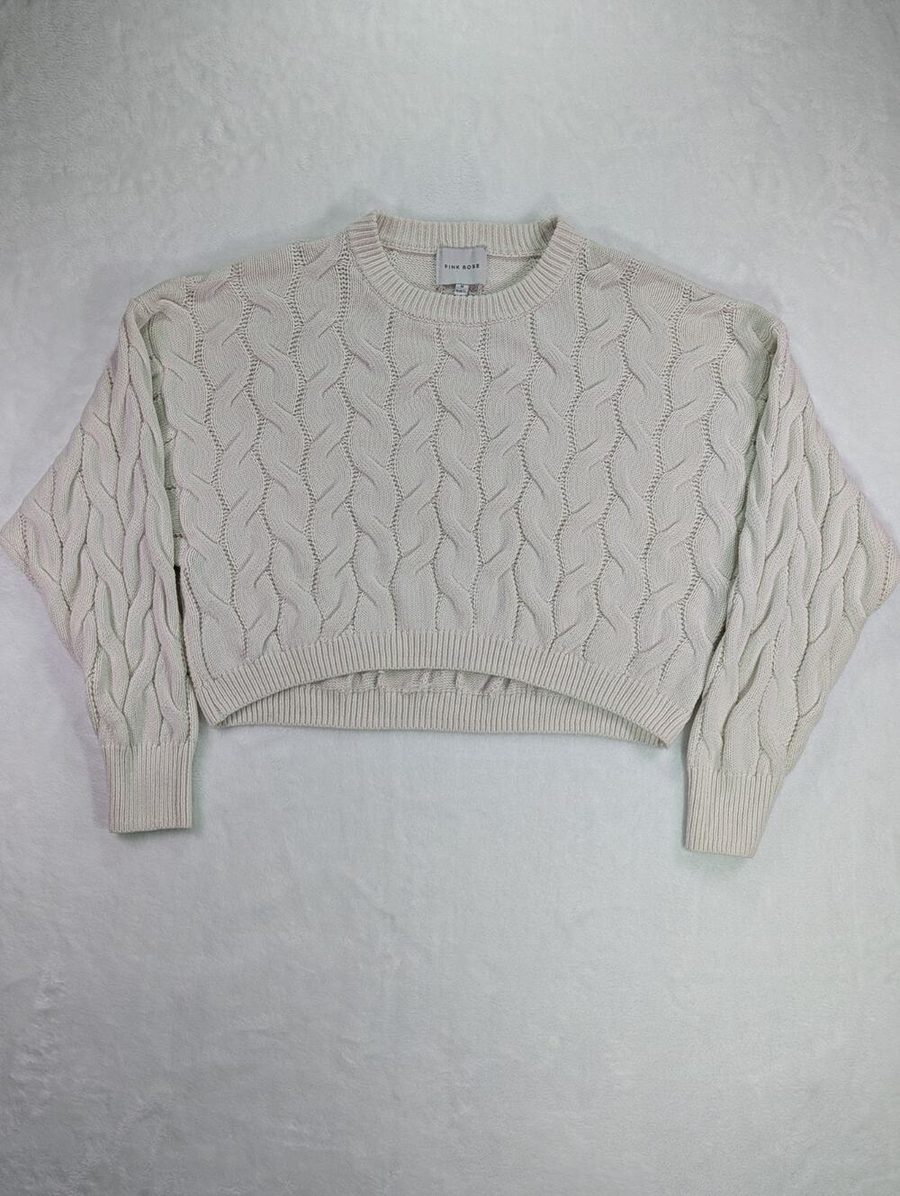 Pink Rose Cream Cable Knit Cropped Sweater Womens M Juniors Pullover Boho Cozy